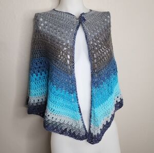 Crochet Handmade Shawl Poncho Gray Blue Flower Button